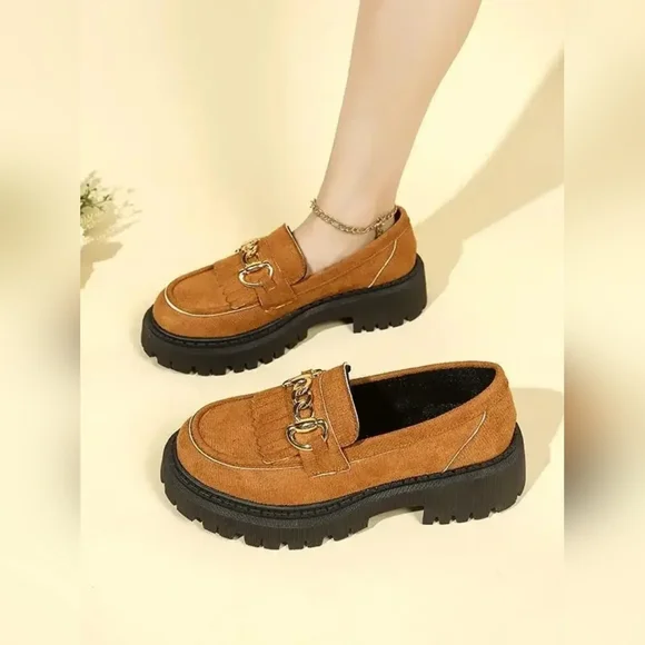 Women's Brown Chunky Platform Loafers with Chain Detail - Picture 2 of 8